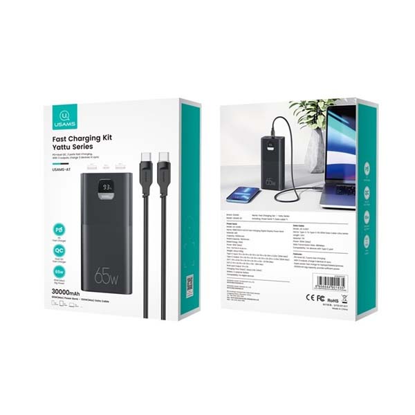 Baterie Externa USAMS PB68, 30000mAh, 60W, Display Digital, Cablu Inclus, &Icirc;ncărcare Rapidă, Negru - imagine 2