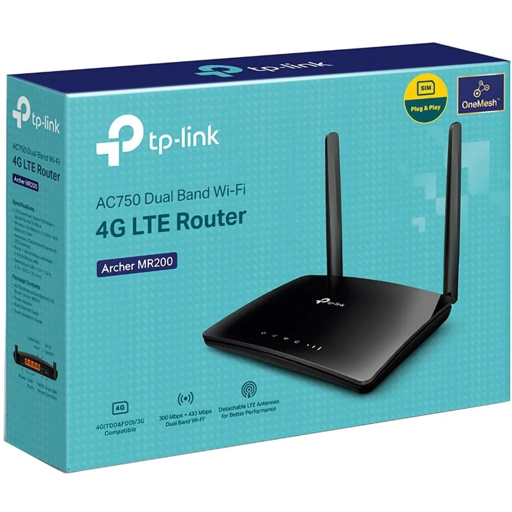 Router Wireless 4G LTE TP-Link Archer MR200 AC750, Dual Band 300 + 433 Mbps, 4G LTE pana la 150 Mbps, 4x LAN 10/100 Mbps, Slot SIM, Negru - imagine 2