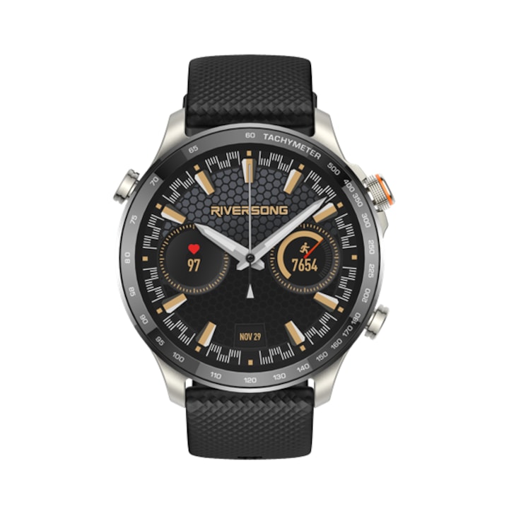 Smartwatch Riversong Motive 10GT, 46 mm, Ecran HD Touch, Apel Bluetooth, Monitorizare Ritm Cardiac si SpO2, IP68, Bratara Silicon, Negru - imagine 2
