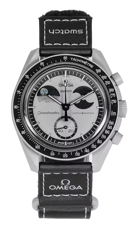 Ceas Swatch x OMEGA Bioceramic MoonSwatch (Snoopy/Moonphase Design) 42mm, Quartz, Curea tehnica Velcro