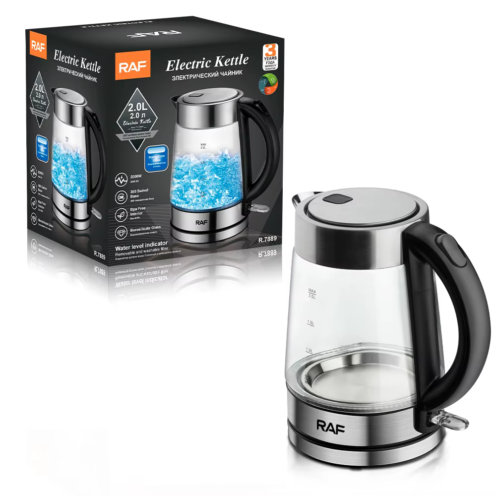 RAF R.7889 Fierbator Electric, 2L, 2200W, Auto-OFF, Sticla Borosilicata, Argintiu-Negru