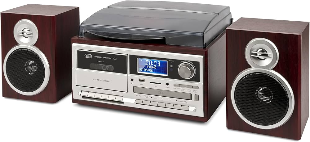 Pick-Up Trevi TT 1072 DAB, stereo, suporta vinyluri 33/45/78, Bluetooth, Radio FM, CD player incorporat, Plug and Play USB, Casetofon incorporat, negru