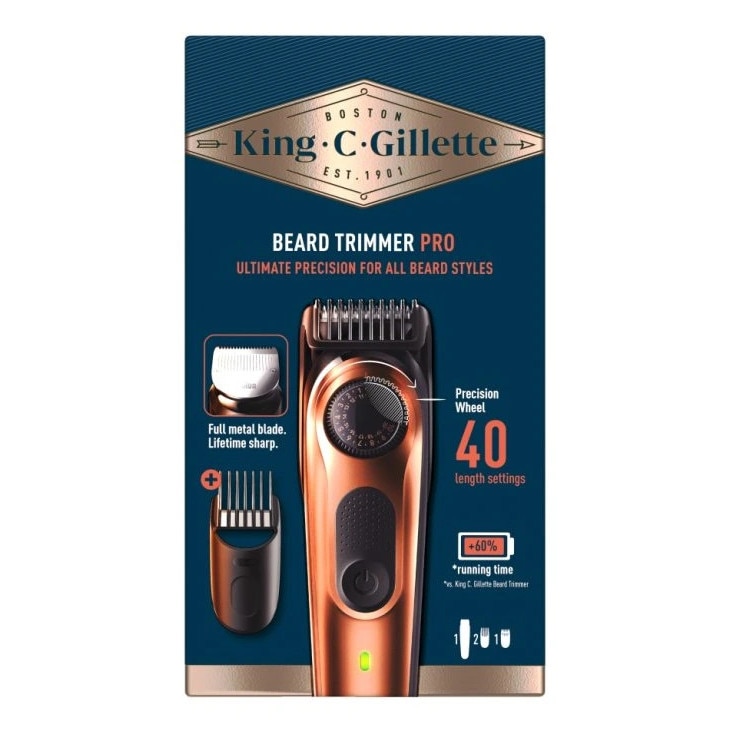 Aparat de tuns barba electric King C. Gillette Pro, 40 lungimi, Autonomie 80 minute, Lame metalice, 2 piepteni, Periuta de Curatare, USB, Bronz