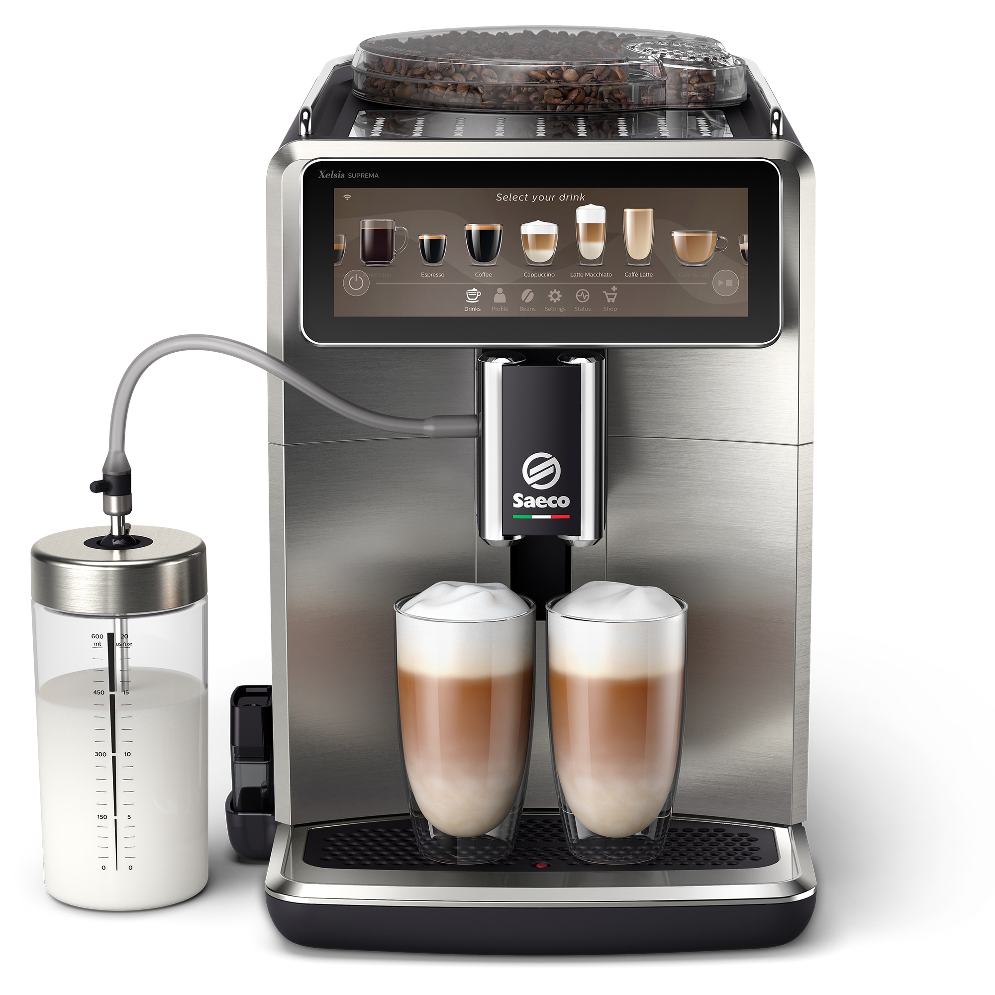 Espressor complet automat Saeco Xelsis Suprema SM8885/00, 1500W, Rezervor apa 1.7L, Rezervot lapte 600ml, 15 bari, 22 specialitati de cafea, 8 profile de utilizator, 15 bar, interfata Coffee Maestro, tehnologie BeanMaestro, functie LatteDuo, rasnita ceramica, filtru Aqua Clean, Gri
