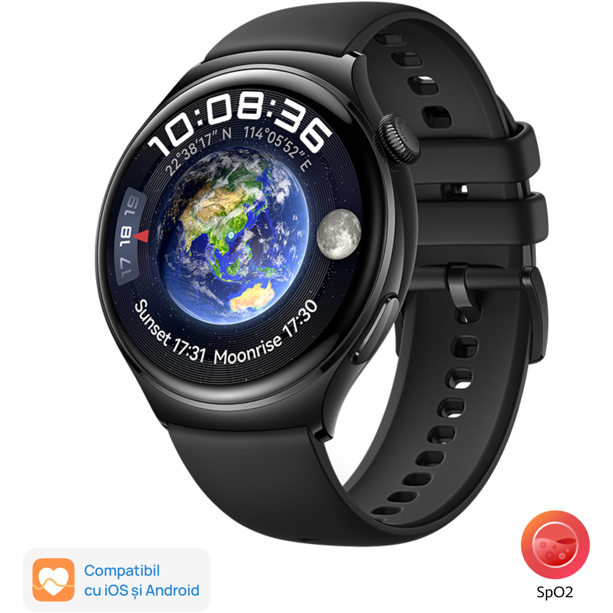 Smartwatch Huawei Watch 4, Amoled 46mm, Bluetooth, Wi-Fi, GPS dual-band, Curea Silicon , Negru