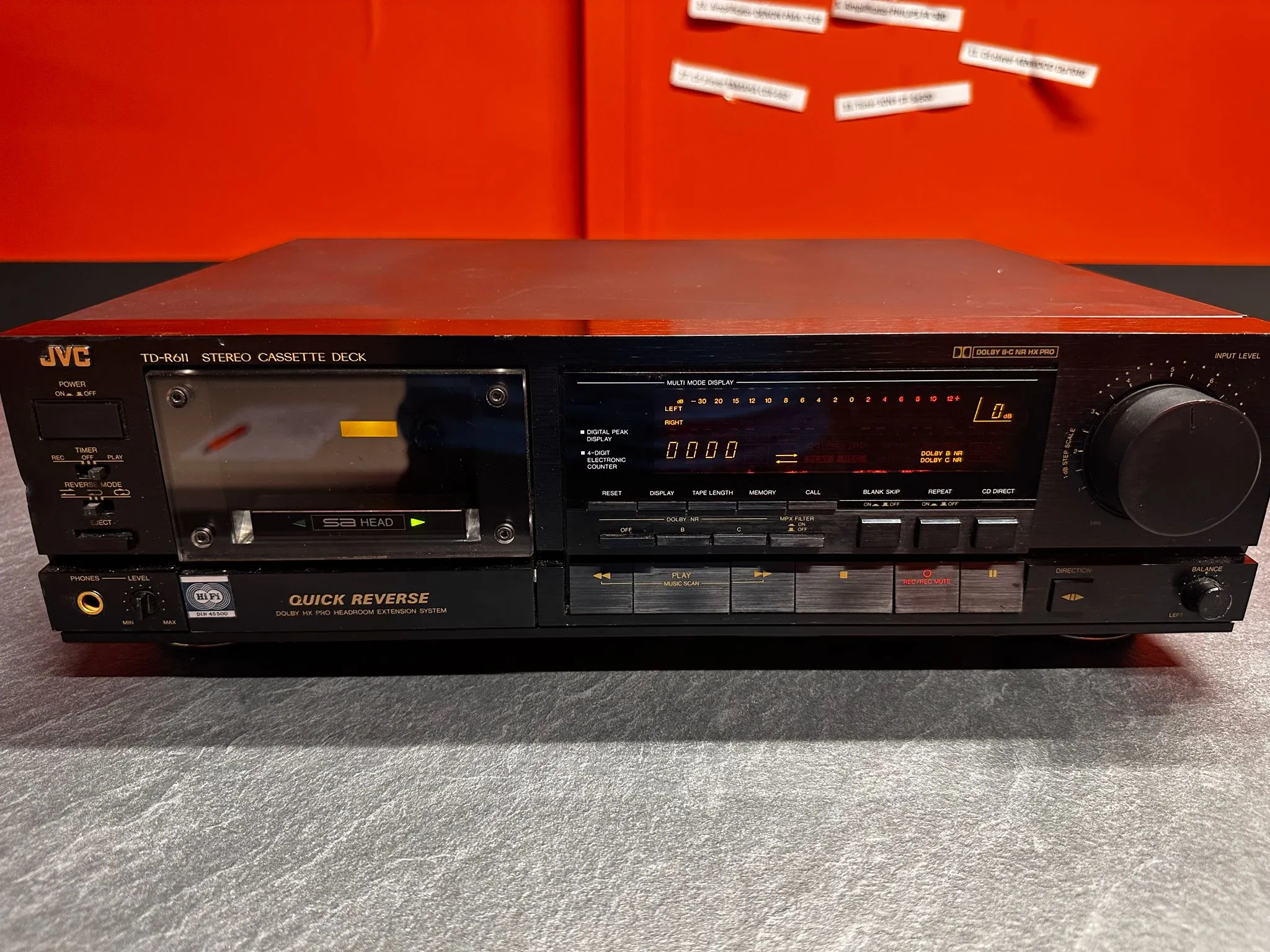 Stereo Cassette Deck Recorder JVC TD-R611, 2-head, 4-track, Auto Reverse, 4.8 cm/s, HX Pro, 15Hz - 19kHz, 6 Kg, 1989, negru