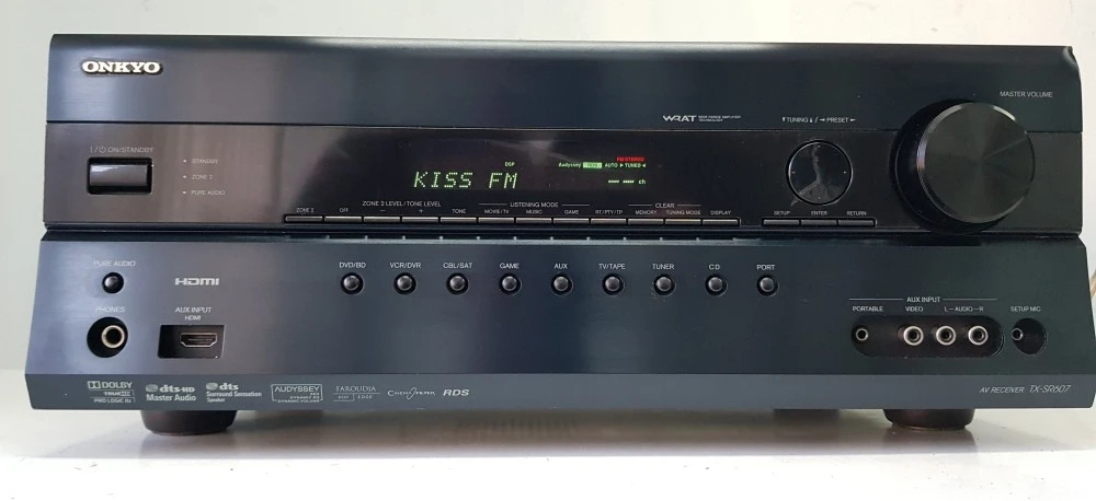 AV Receive Onkyo TX-S603E, 100W, 90W/8OHm (stereo), 10Hz-100kHz, THD 0.08, Impedata Iesire 6OHm, FM, MW, Coaxial, Optical, Iesire AC, Negru