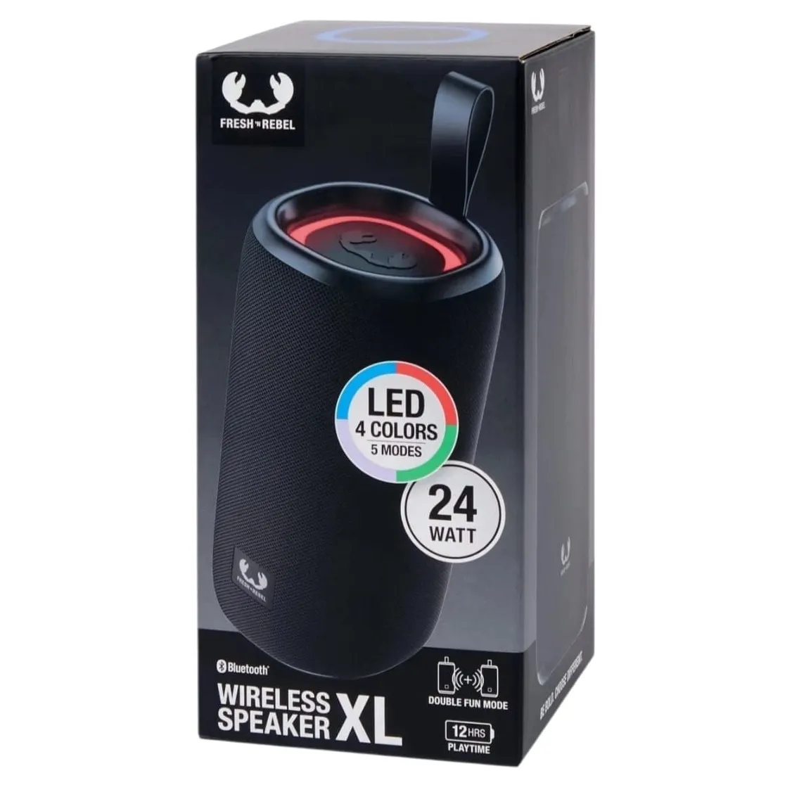 Boxa portabila Fresh'n Rebel XL, Bluetooth, Autonomie 20h, Rezistenta la stropi, lumini LED, Slot Micro SD, USB-C, Microfon, negru