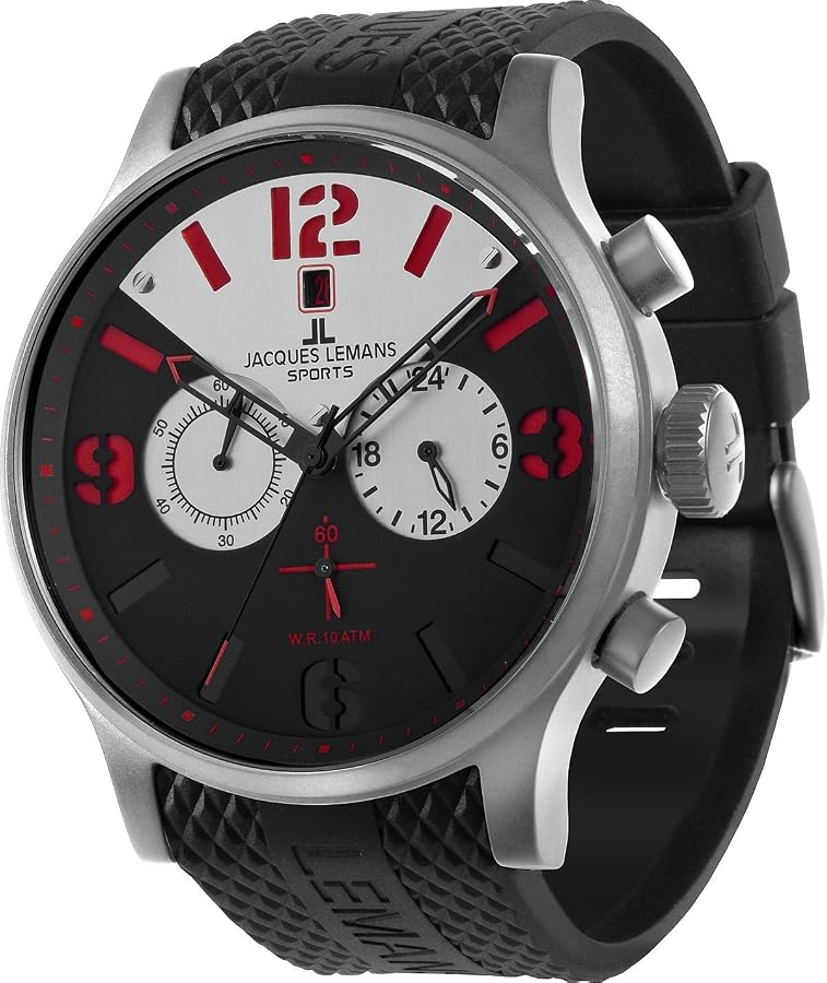 Ceas barbatesc cronograf Jacques Lemans Porto 1-1668, mecanism quartz, carcasa otel 48 mm, curea silicon negru, 10 ATM