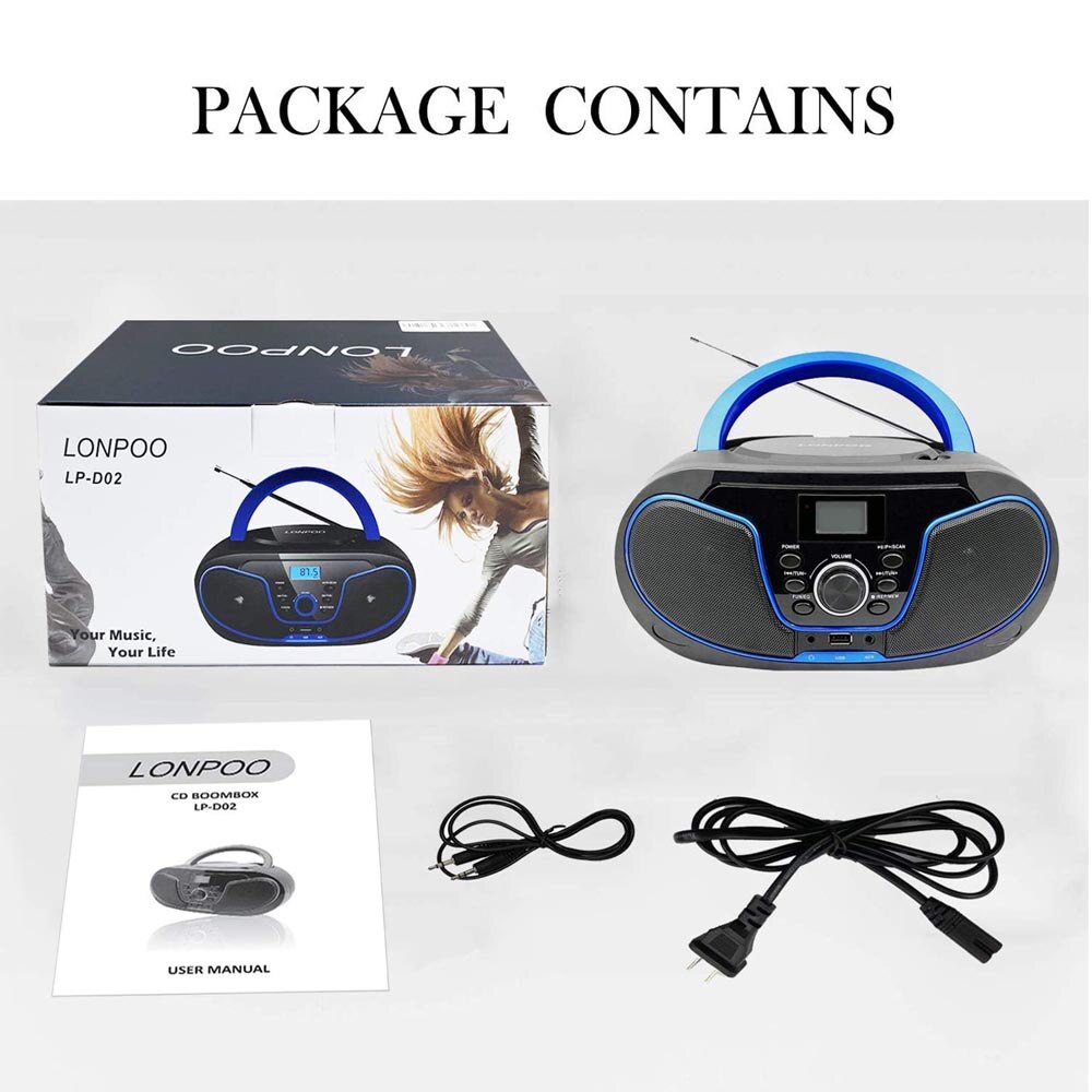 Radio CD LONPOO LP-D02, Bluetooth, USB, AUX, 26x24x12cm, negru - imagine 2