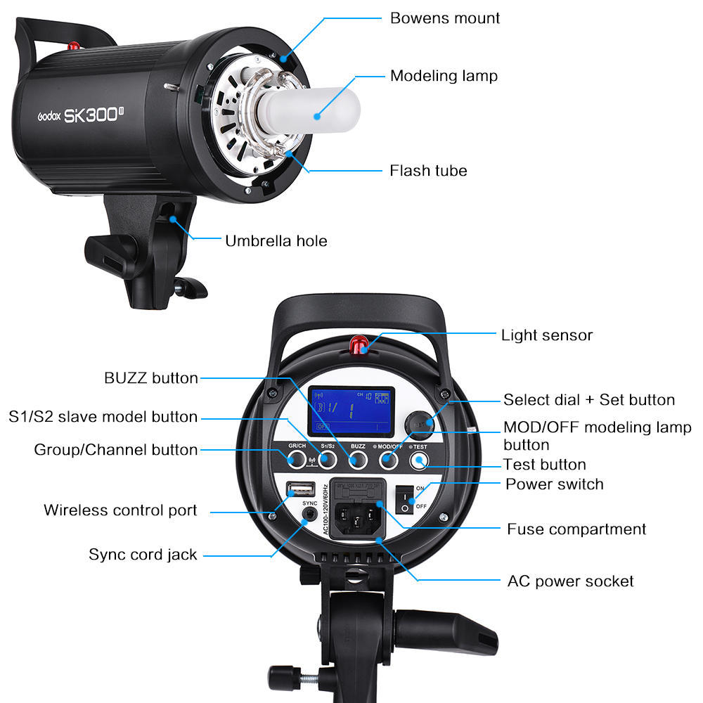 Blit de studio Godox MS200, Putere 200W, Numar director GN53, Lampa de modelare 150W, Sincronizare wireless X System 2.4GHz, Montura Bowens - imagine 3