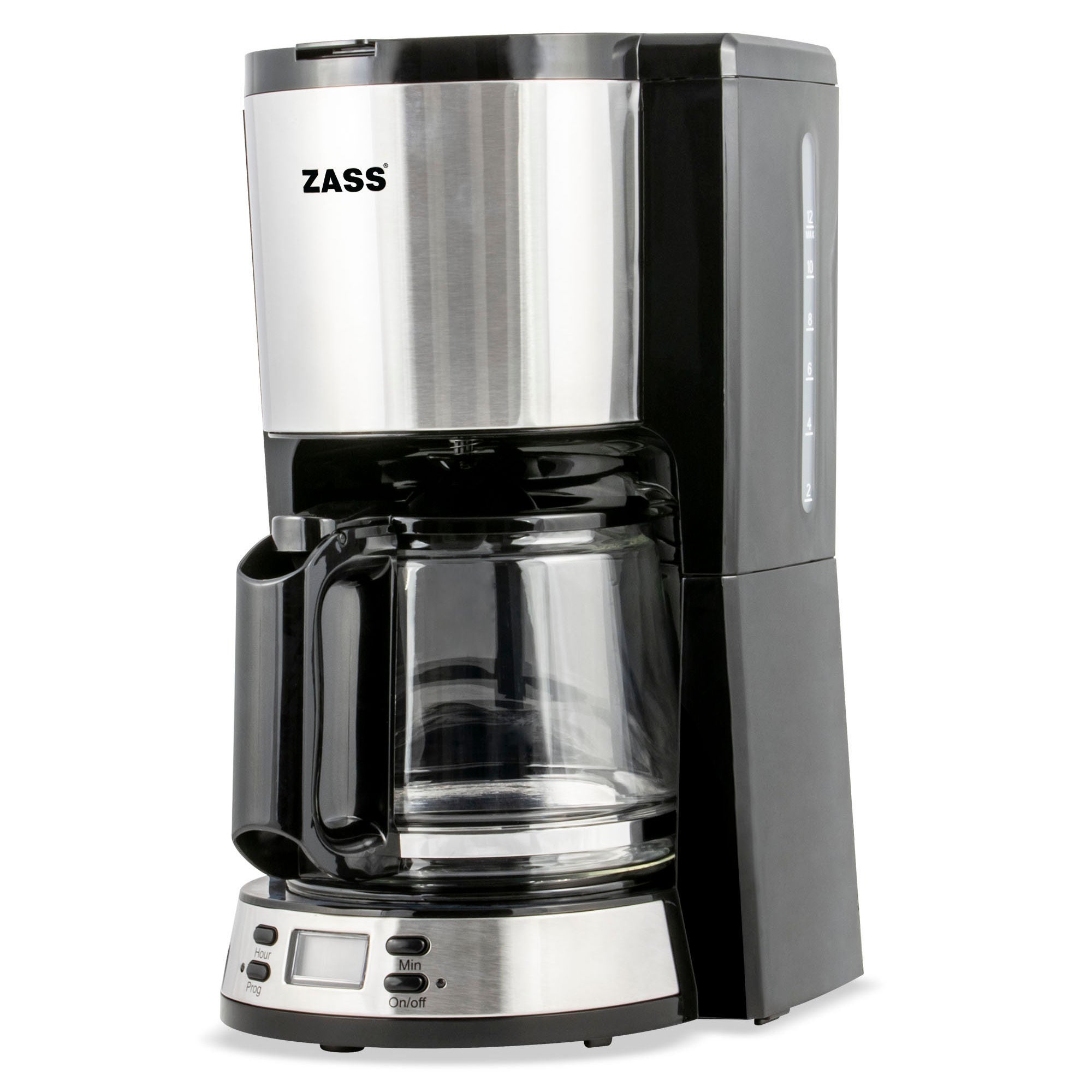Cafetiera Zass ZCM 04T, Putere 1000 W, Capacitate 1500 ml, 12 cesti, Filtru permanent, Sistem anti-picurare, Plita incalzita, Indicator nivel apa, Negru