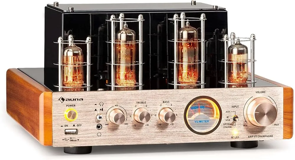 Amplificator vintage cu lampi Auna AMP VT Champagne, 2X35W RMS, USB, AUX, Bluetooth, Bronz