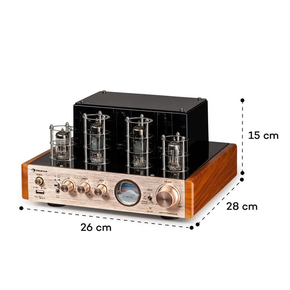 Amplificator vintage cu lampi Auna AMP VT Champagne, 2X35W RMS, USB, AUX, Bluetooth, Bronz - imagine 2