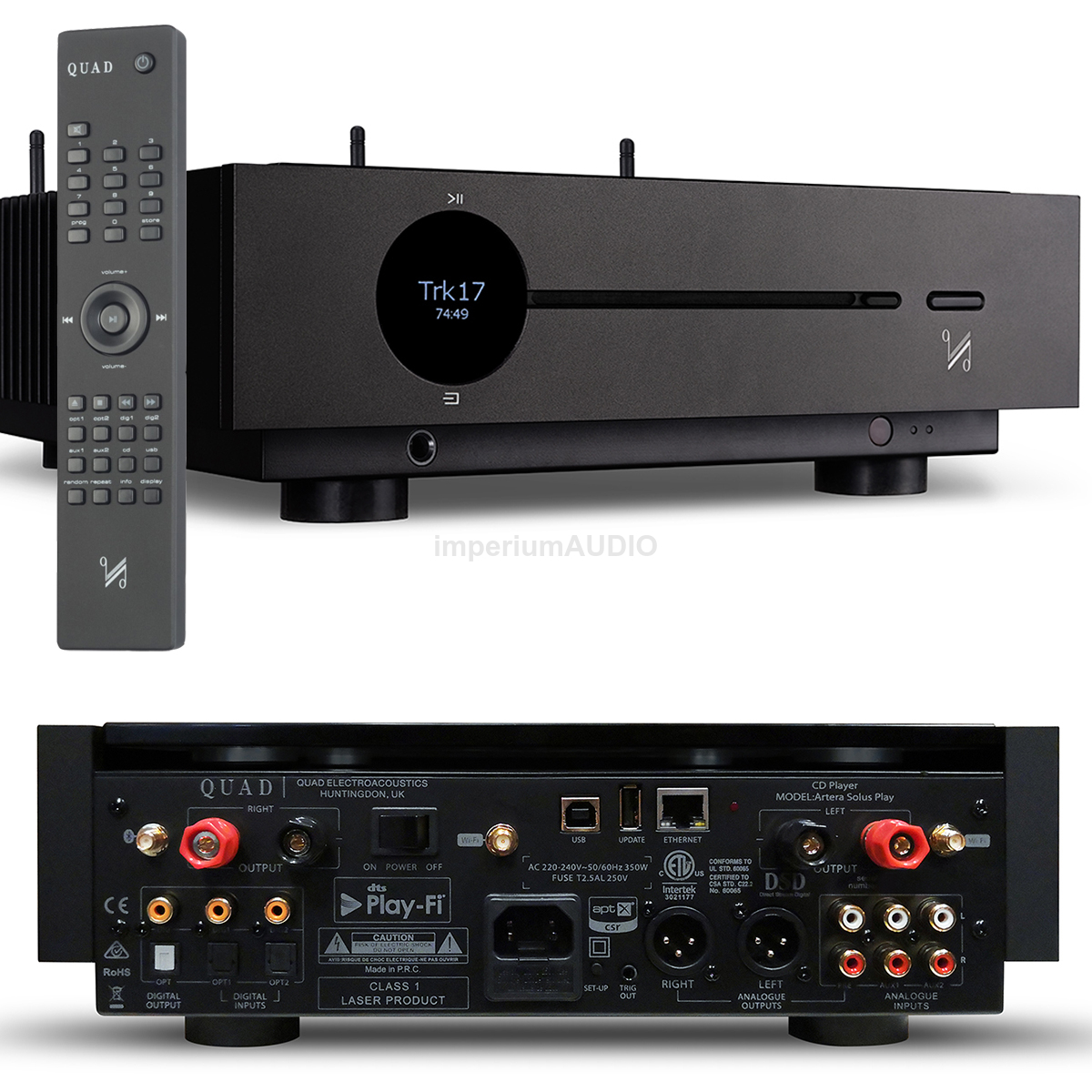 Amplificator stereo integrat Quad Artera Solus Play, CD, Streaming, DAC, Bluetooth, 20Hz-20kHz, Negru