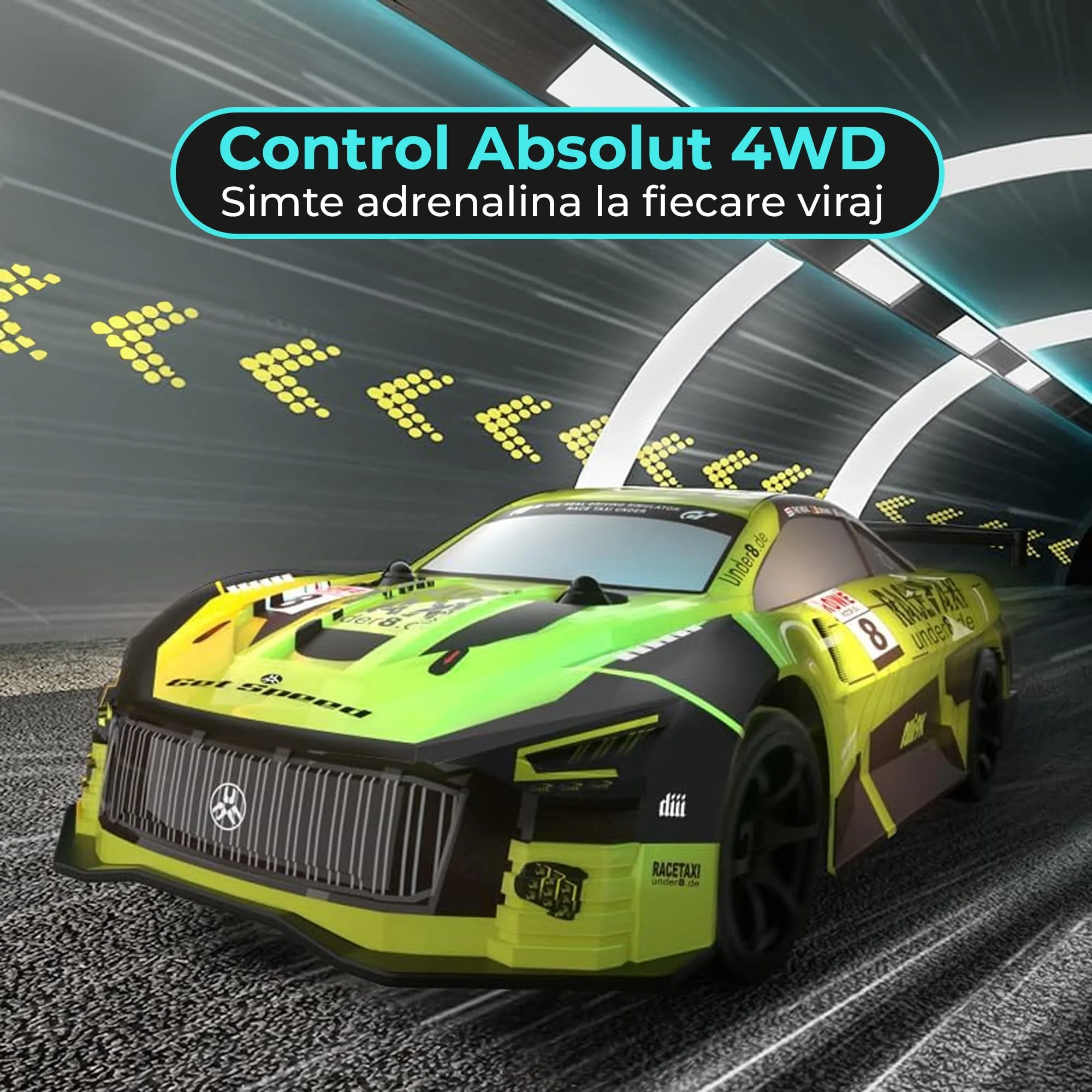 Masina cu telecomanda RC , Drift car, 30 km /h, Lumini LED, Cauciucuri schimbabile, curse si derapaje , Verde - imagine 2