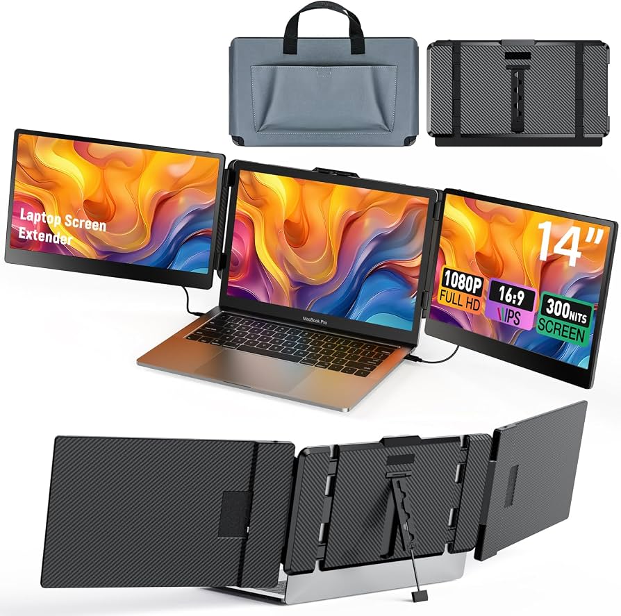 Monitor Extensibil si Portabil pentru laptop,Kwumsy S2 ecran 14 inchi FHD 1080P IPS, Pliabil la 360 de Grade, Tri-screen Compatibil cu IOS, Android, Windows, Mac, cu port USB-C si Mini HDMI - imagine 2