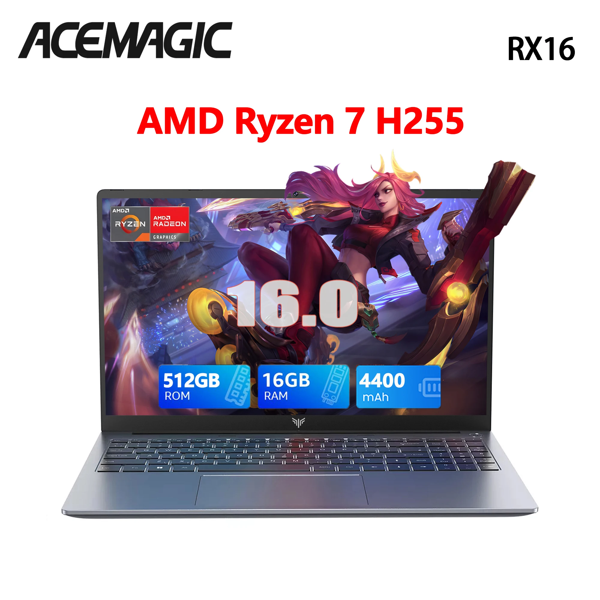 Laptop ACEMAGIC RX16 16inch, AMD Ryzen 7 7735HS, 16GB RAM, 512GB SSD, AMD Radeon 680M, Gray - imagine 2