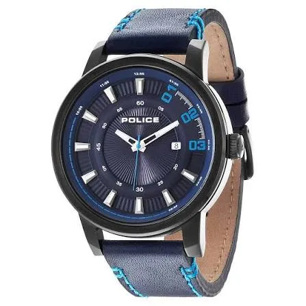 Ceas Barbatesc Police PL.14375JSB/03, 50 mm, Quartz, Cristal Mineral, Analogic, WR 50 m, Curea din Piele, Blue