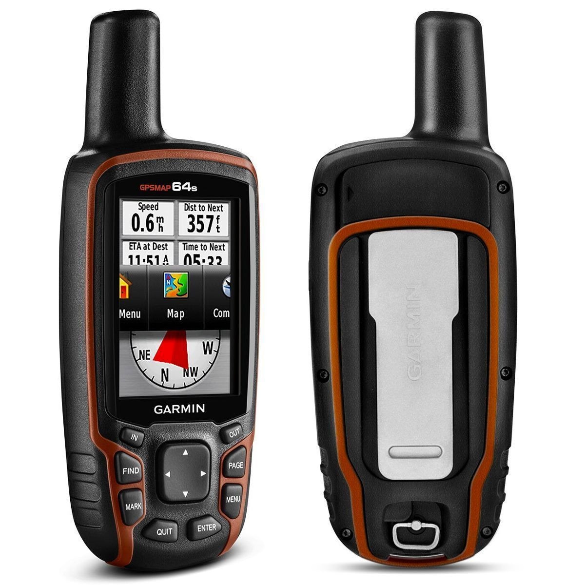 Navigator GPS Portabil Garmin GPSMAP 64s, Ecran Color 2.6 Inch, GPS / GLONASS, Busola Electronica 3 Axe, Altimetru Barometric, Bluetooth, ANT+, Memorie Interna 4 Gb, Slot microSD, Black / Orange