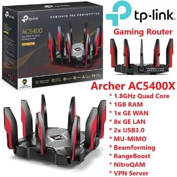 Router Gaming TP-Link Archer C5400X, AC5400, Tri-Band, 8 Antene, MU-MIMO, 8x Gigabit LAN, 2167 MB/s, Beamforming, Airtime Fairness, RangeBoost, NitroQAM, 1.5 Kg - imagine 2