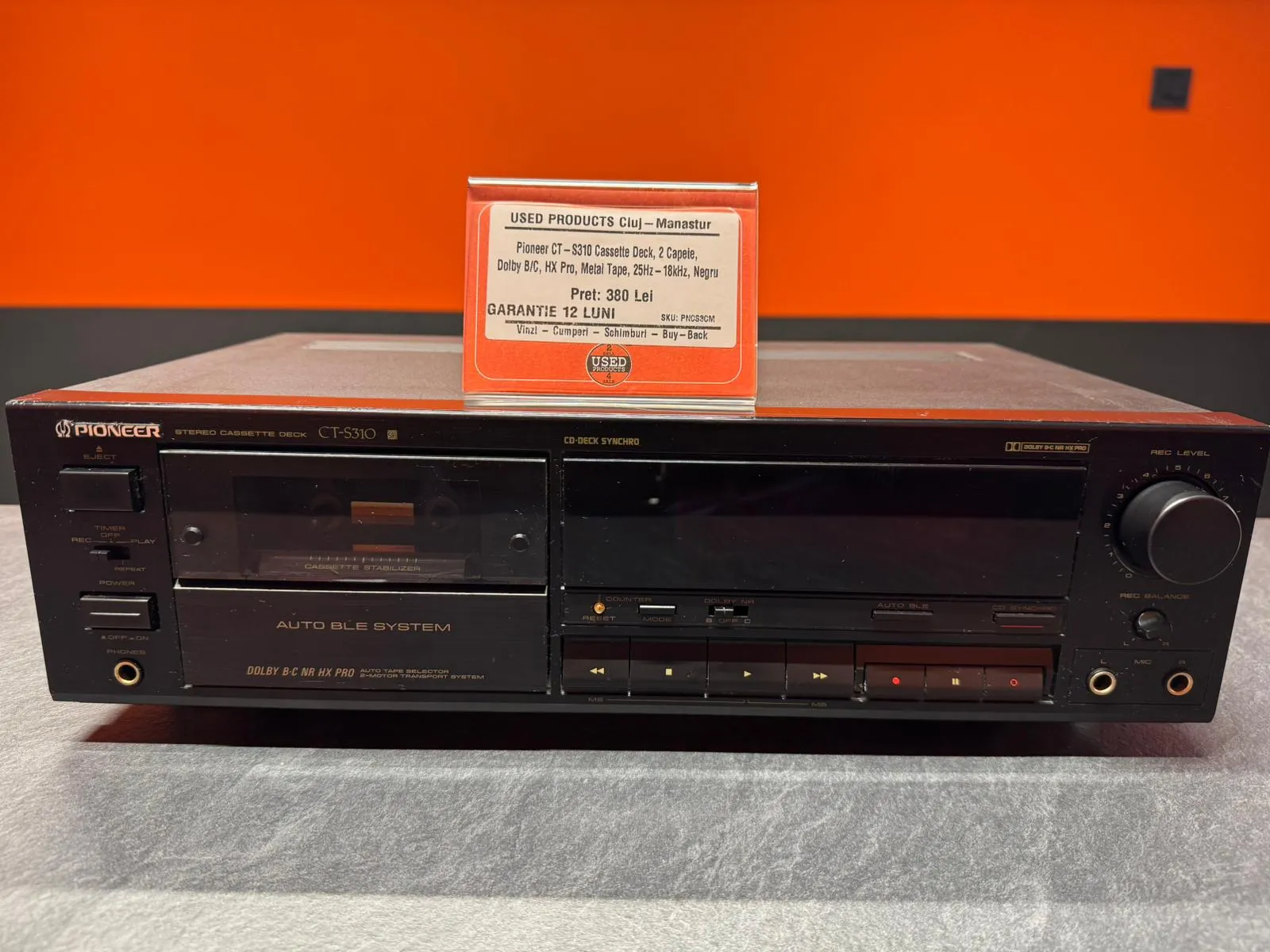Pioneer CT-S310 Cassette Deck, 2 Capete, Dolby B/C, HX Pro, Metal Tape, 25Hz-18kHz, Negru
