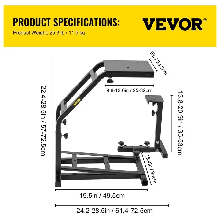 Suport volan Vevor, compatibil cu Logitech G29 G27 G25, inaltime ajustabila 57-72.5 cm, Otel, 11,5 kg, Negru