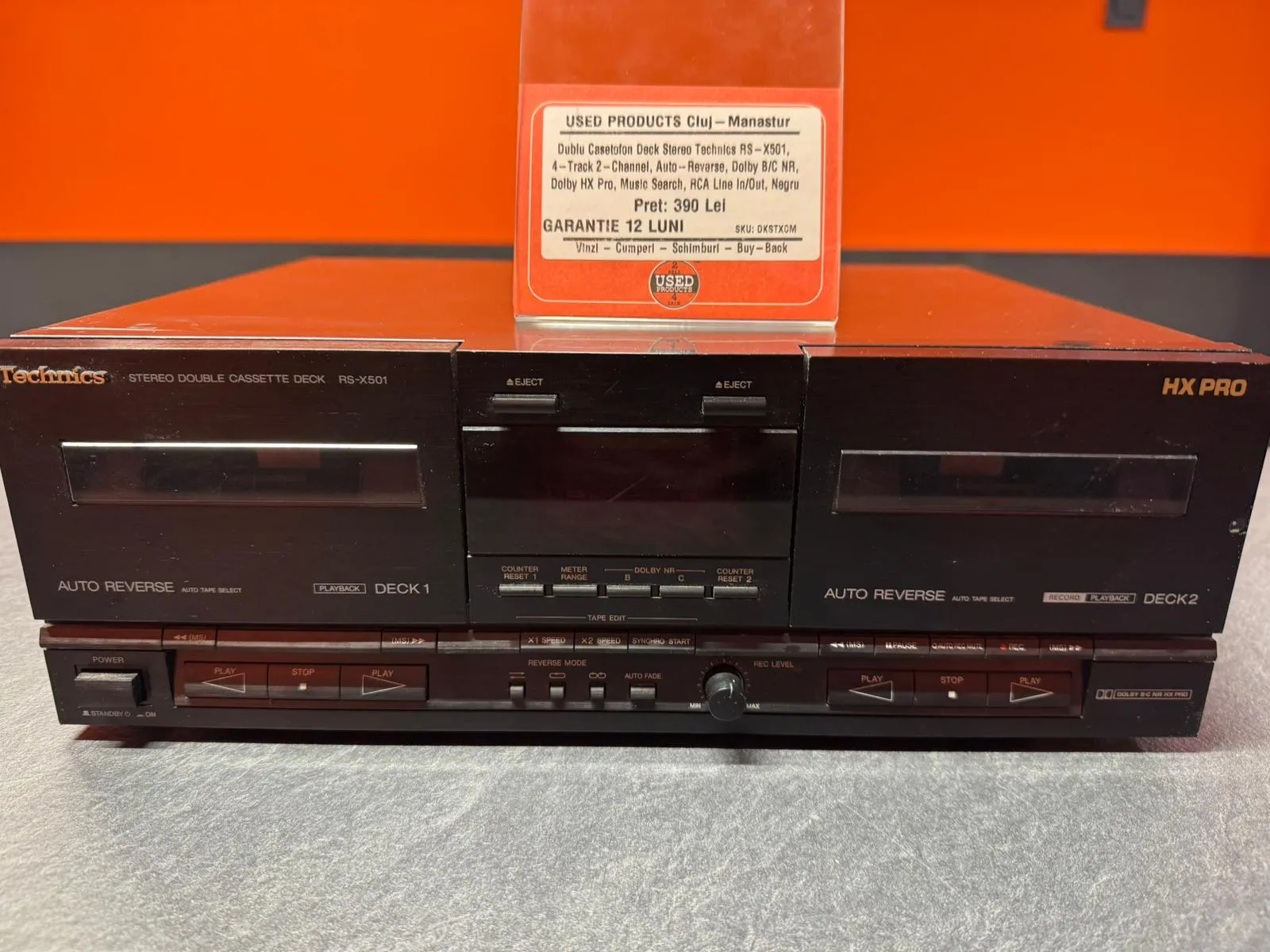 Dublu Casetofon Deck Stereo Technics RS-X501, 4-Track 2-Channel, Auto-Reverse, Dolby B/C NR, Dolby HX Pro, Music Search, RCA Line In/Out, Negru