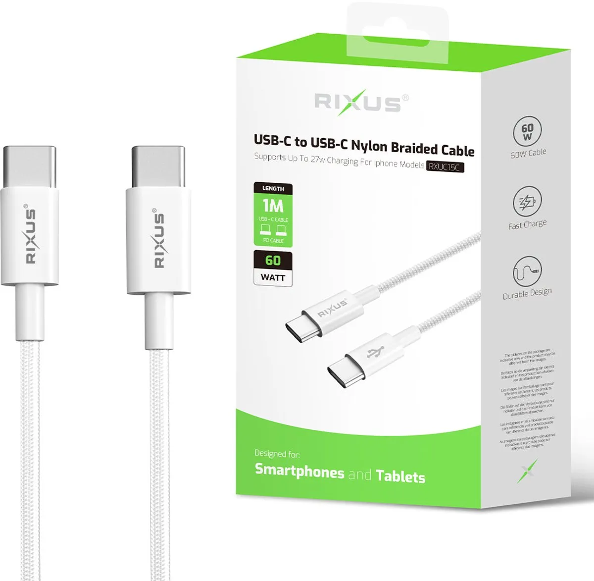 Cablu Rixus RXUC15C USB-C - USB-C, 1m, Nylon, White