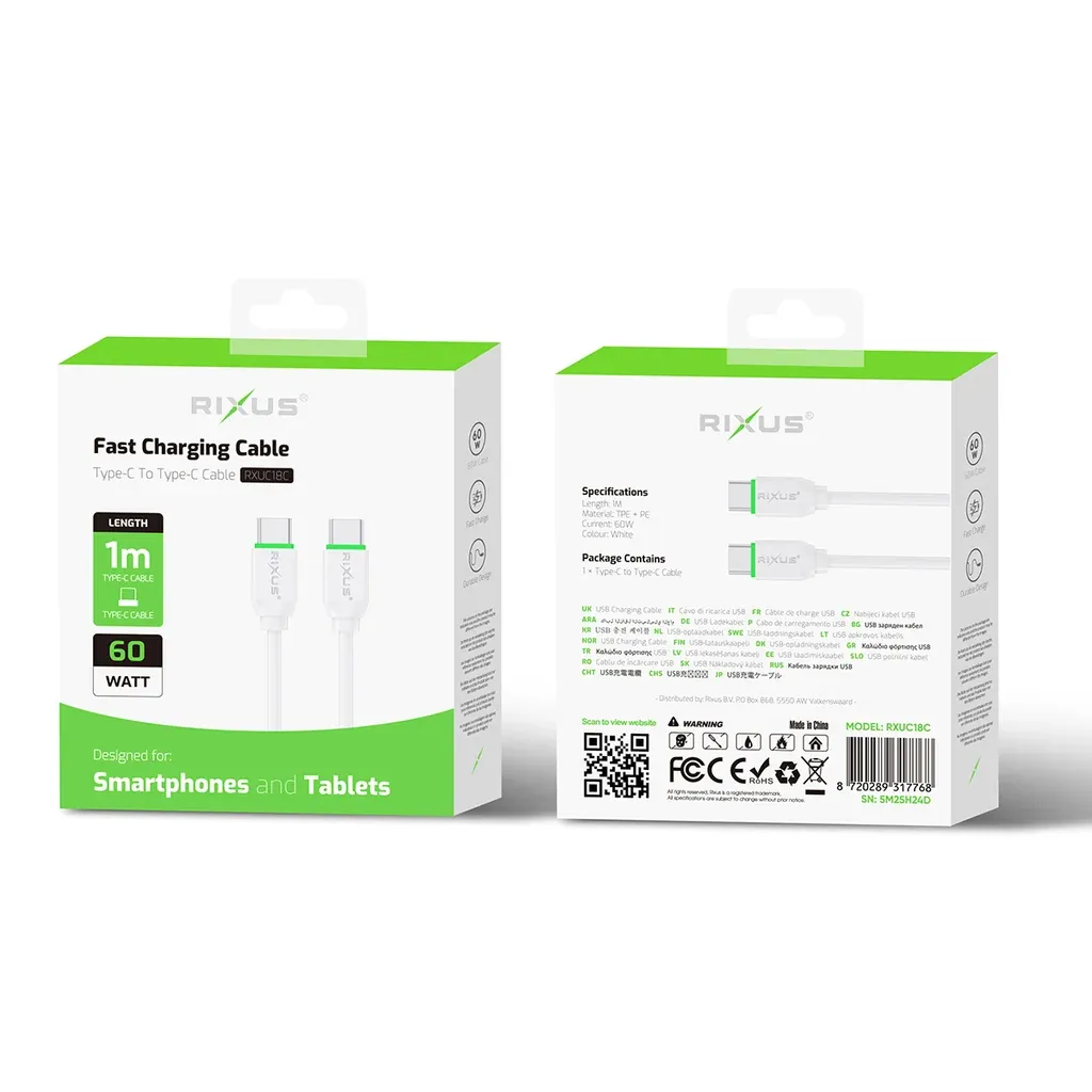 Cablu Rixus RXUC18C USB-C - USB-C, 1m, White