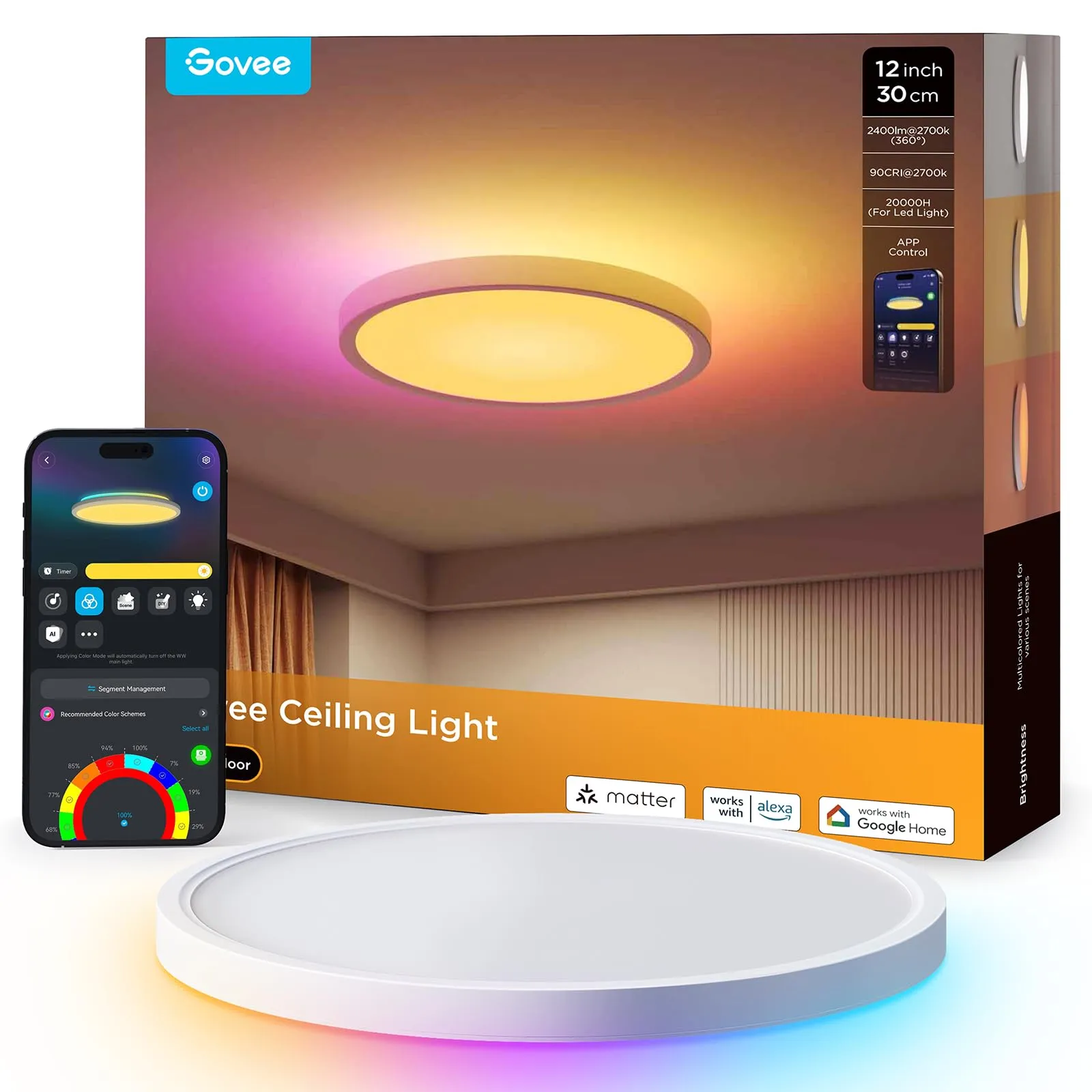 Plafoniera Inteligenta Govee 30cm RGBWW + RGBIC, 24W, H60A1, 2200-6500K 2400LM, Nou Sigilat (Cutie usor deteriorata)