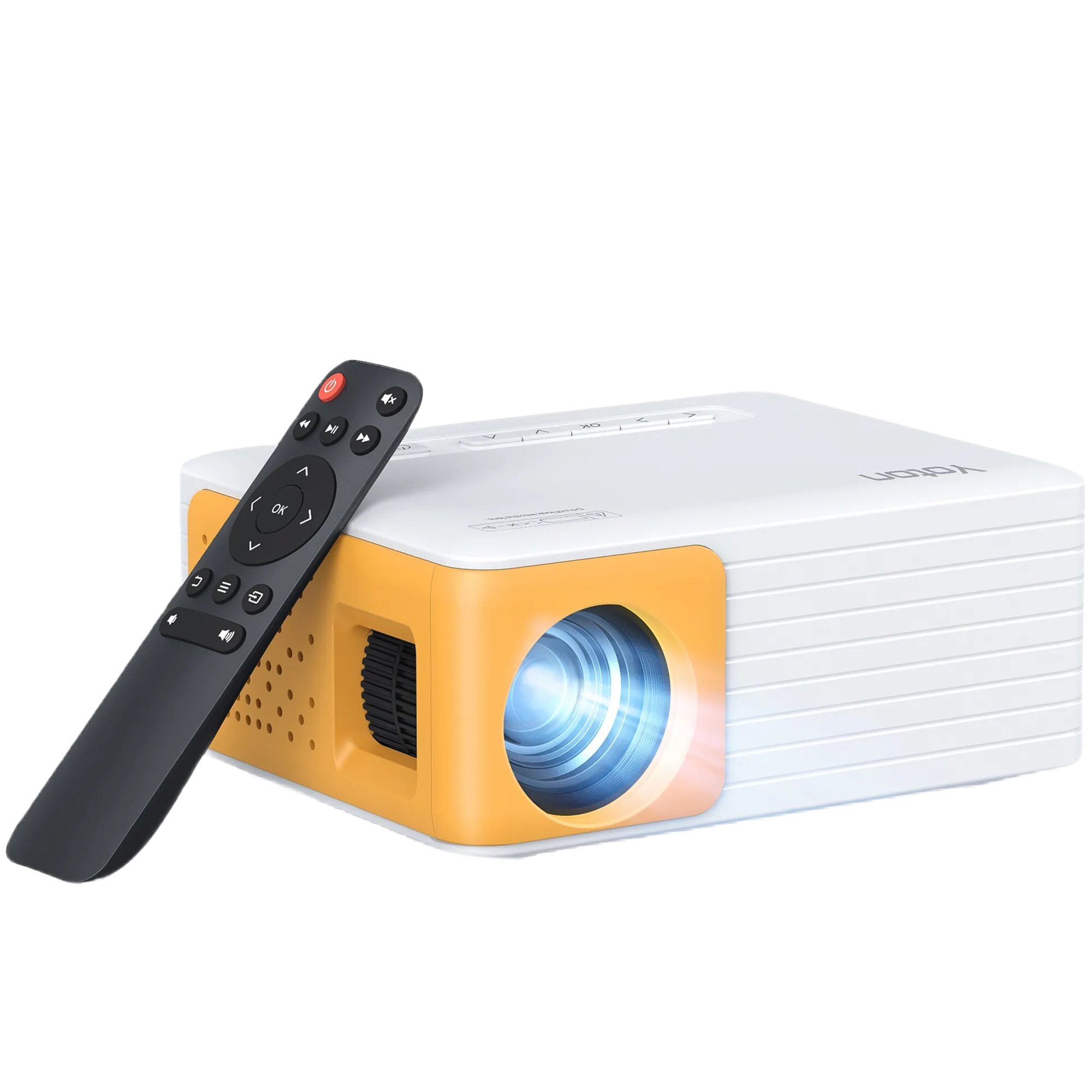 Videoproiector portabil Yoton Y3, compact, 4000 lumeni, 1920 x 1080 Full HD, LCD, HDMI, USB, AV, AUX, difuzor incorporat, telecomanda, Alb/Galben