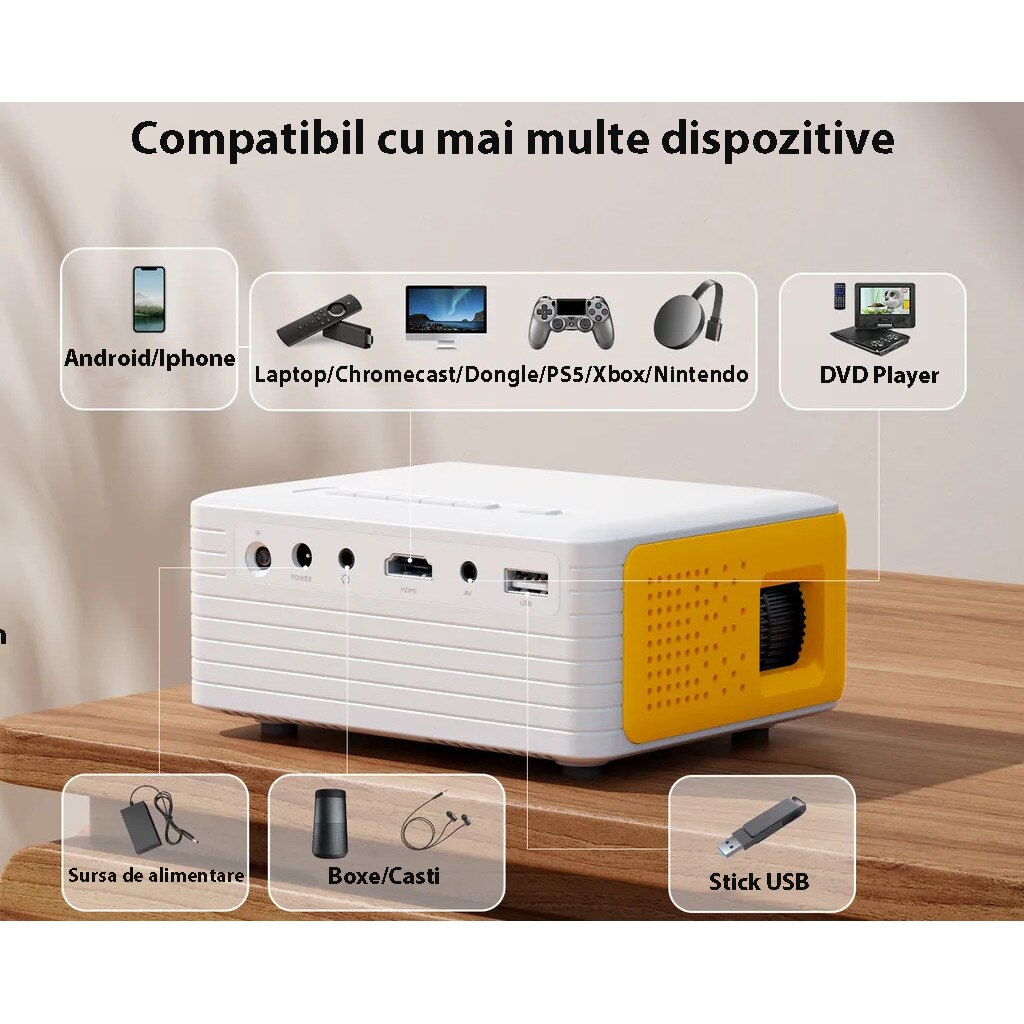 Videoproiector portabil Yoton Y3, compact, 4000 lumeni, 1920 x 1080 Full HD, LCD, HDMI, USB, AV, AUX, difuzor incorporat, telecomanda, Alb/Galben - imagine 2