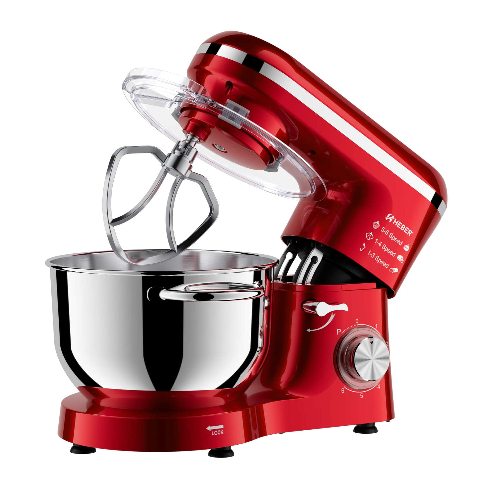Mixer cu bol din inox Heber HBR-1518R, 1500 W, Bol 6.2 L inox, 6 Viteze, Functie Pulse, Miscare eliptica, Rosu