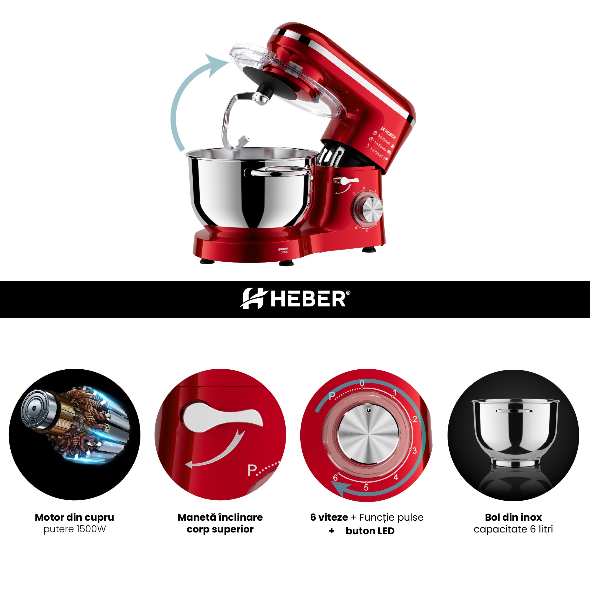 Mixer cu bol din inox Heber HBR-1518R, 1500 W, Bol 6.2 L inox, 6 Viteze, Functie Pulse, Miscare eliptica, Rosu - imagine 2