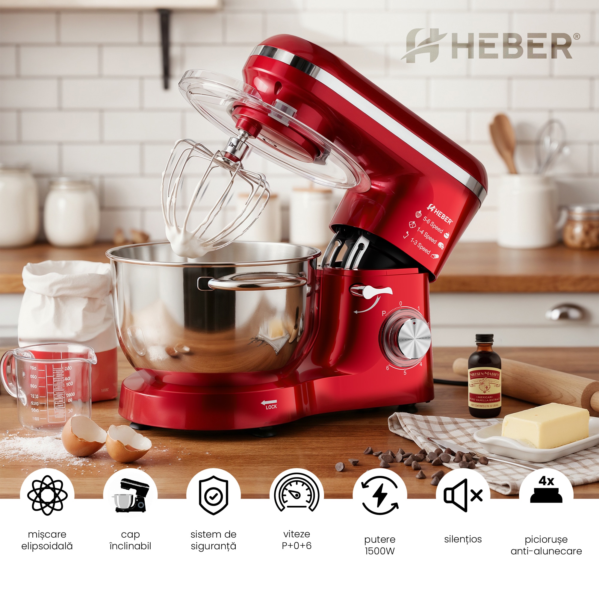 Mixer cu bol din inox Heber HBR-1518R, 1500 W, Bol 6.2 L inox, 6 Viteze, Functie Pulse, Miscare eliptica, Rosu - imagine 3