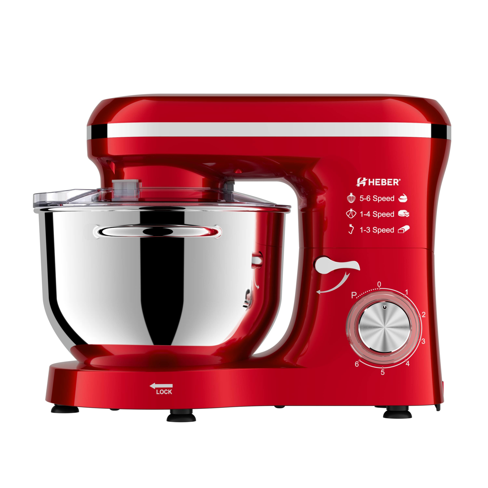 Mixer cu bol din inox Heber HBR-1518R, 1500 W, Bol 6.2 L inox, 6 Viteze, Functie Pulse, Miscare eliptica, Rosu - imagine 4