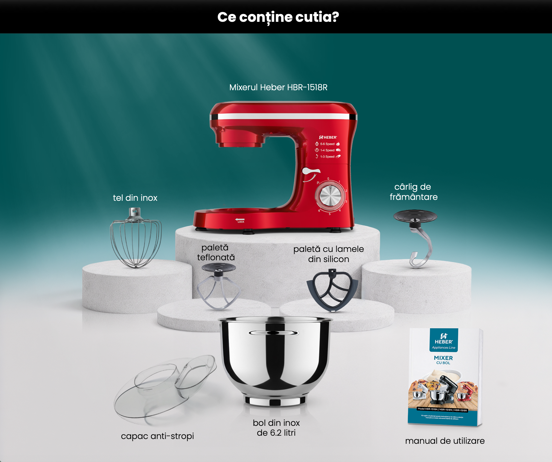 Mixer cu bol din inox Heber HBR-1518R, 1500 W, Bol 6.2 L inox, 6 Viteze, Functie Pulse, Miscare eliptica, Rosu - imagine 5