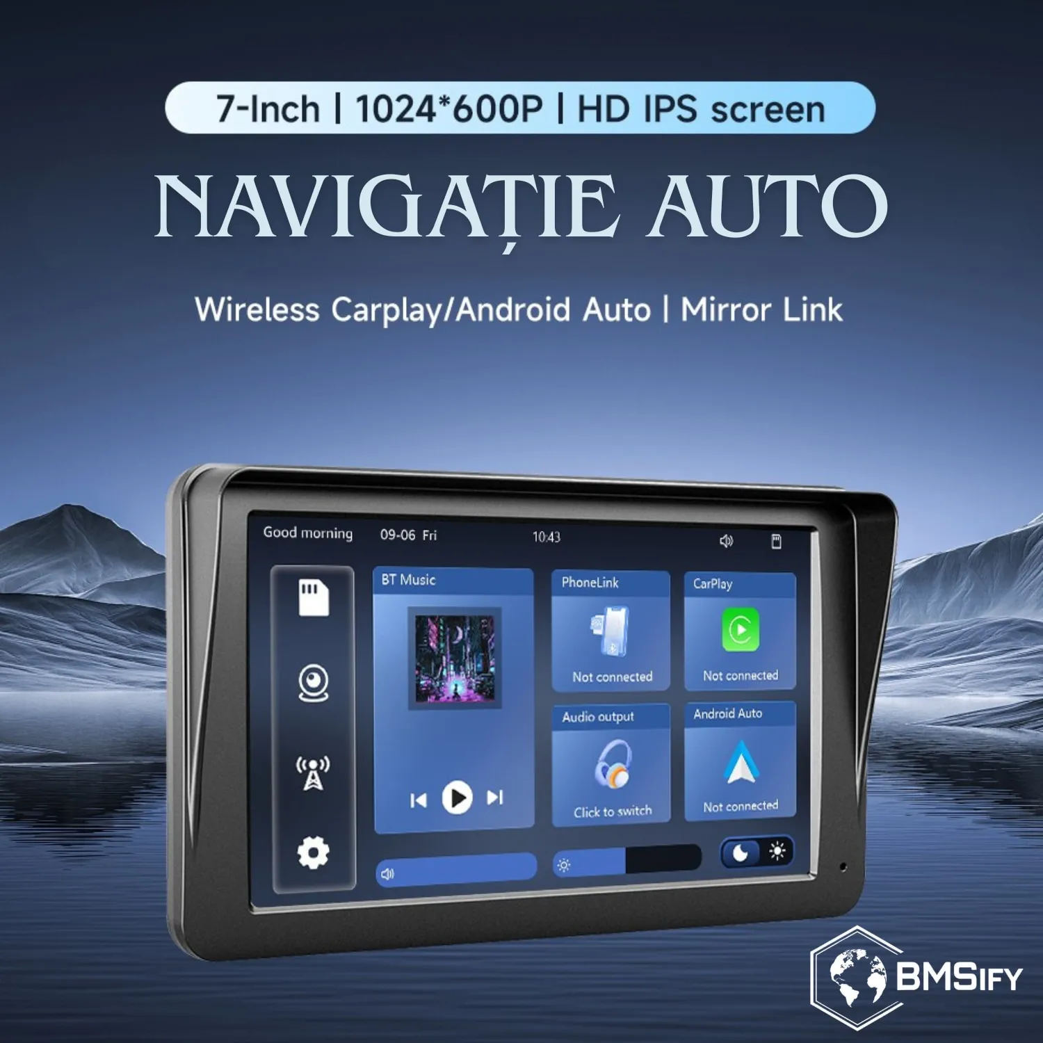 Navigatie auto multimedia MANGO1148798, Display 7 inch, Apple CarPlay, Android Auto, Mirrorlink Wireless, 1080P, Bluetooth, WiFi, Radio FM, Cu un suport si o ventuza, Negru