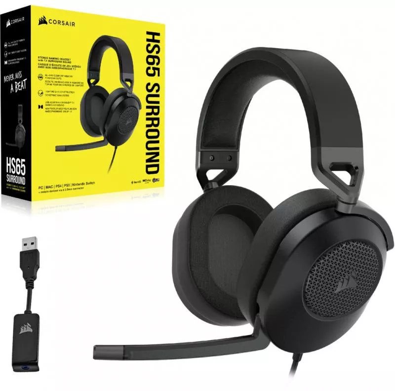 Casti gaming cu microfon Corsair HS65, Surround, Dobly Audio 7.1 Sound ID, USB, 3.5mm, Negru Carbon - imagine 2
