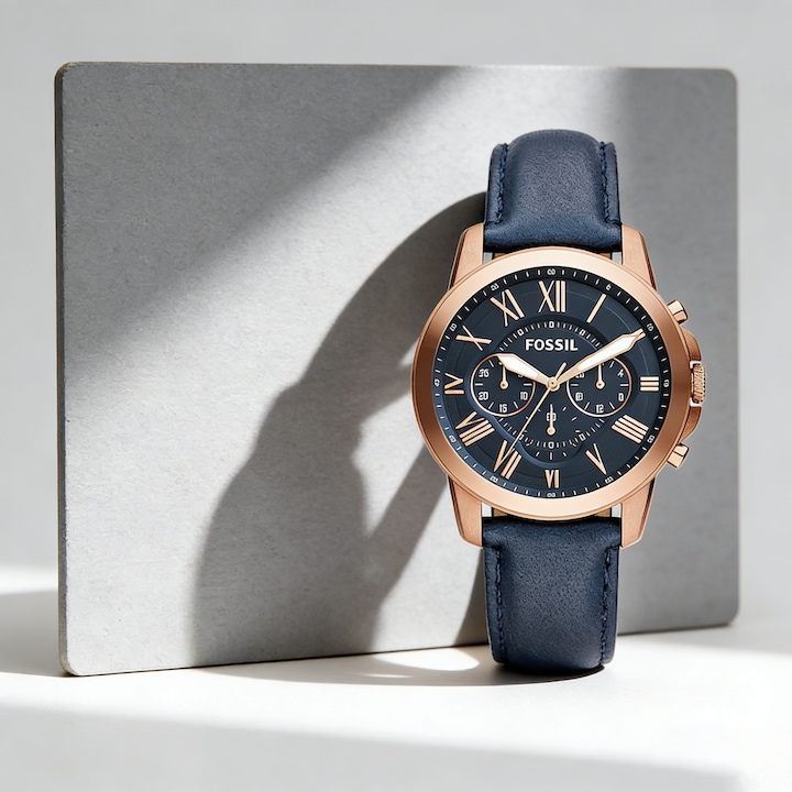 Ceas Barbatesc Fossil FS4835IE,Grant Chronograph Navy Leather, 44 mm ,Quartz, 5 ATM, Otel Inoxidabil,