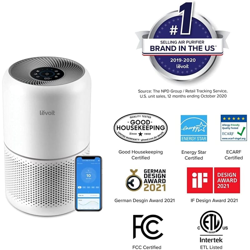 Purificator de aer smart Levoit Core 200S, Wi-Fi, filtru True HEPA H13 si carbon activ, control vocal prin Alexa si Google Assistant, mod nocturn silentios, alb