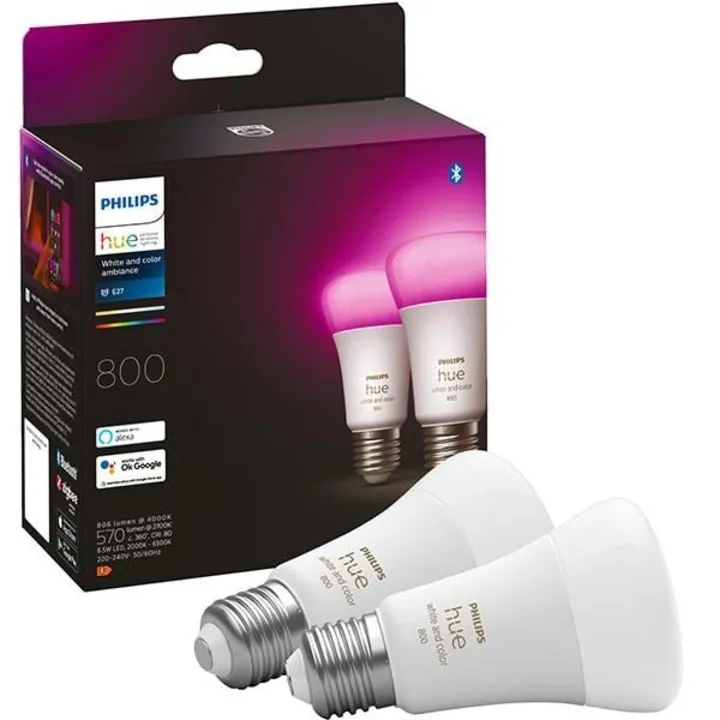 Set 2 becuri LED RGBW Philips Hue E27, 6W, 810 lumeni, glob mat A60