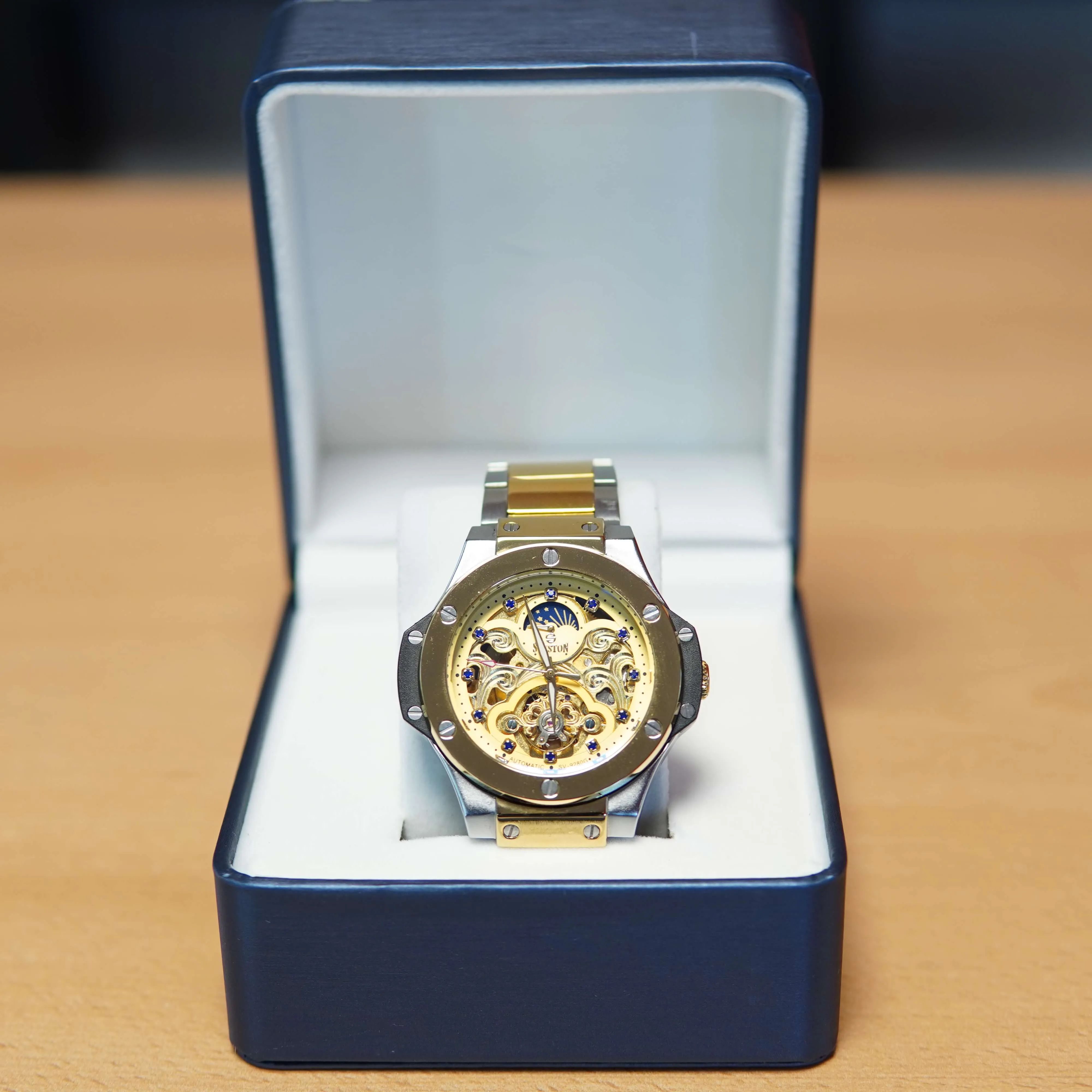 Ceas Barbatesc Sveston SV-9280G, 45mm, Automatic, 3 ATM, Galben-Argintiu - imagine 2
