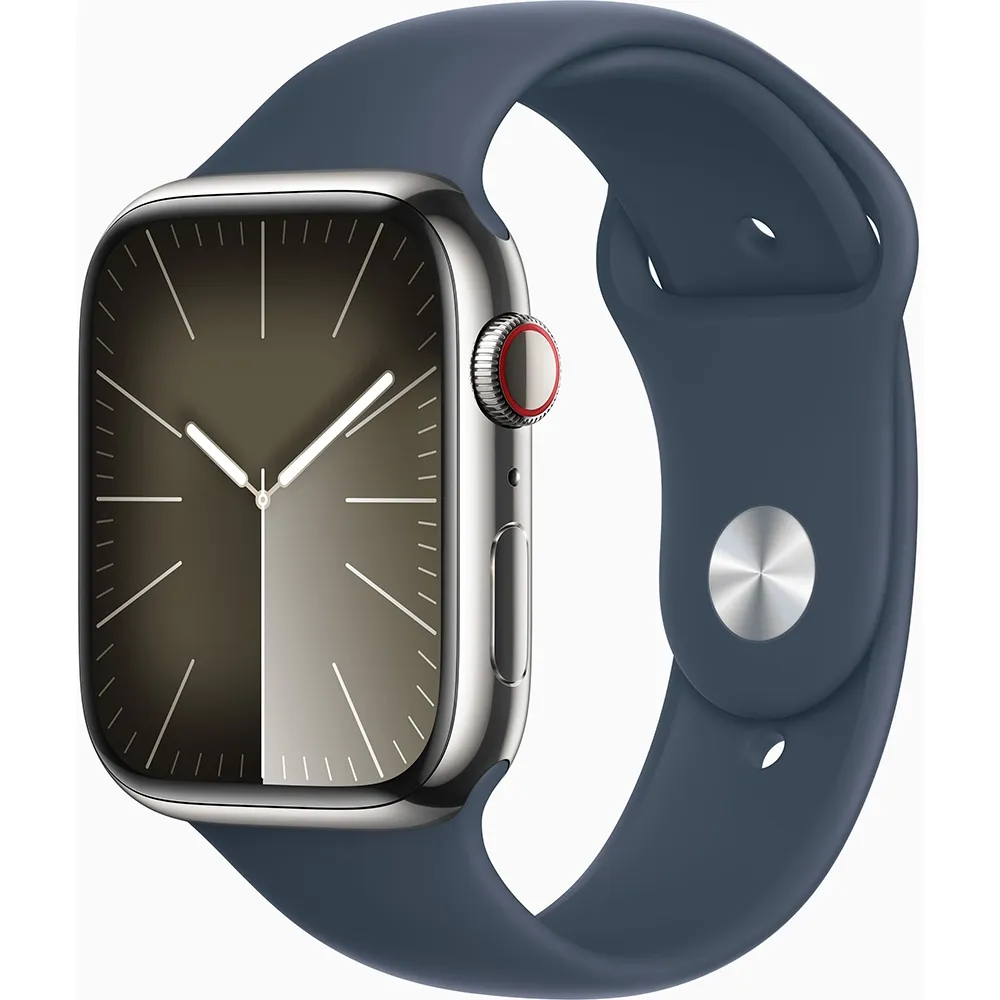 Apple Watch Series 9, 45mm, Silver Aluminium Case, Storm Blue Sport Band, GPS, Cellular, A2984