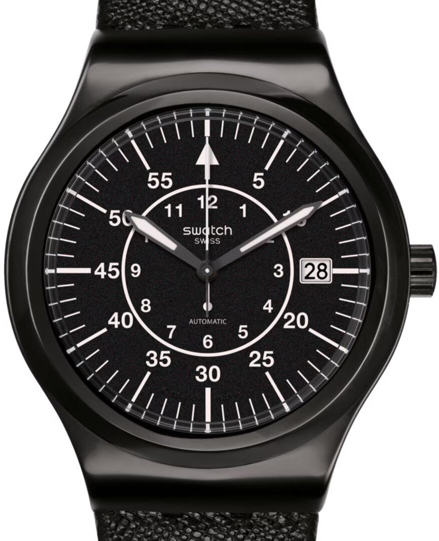 Ceas Barbatesc Swatch Sistem Slate YIB400, Automatic, 42mm, Analogic, Otel, WR 30m, Curea din piele, Negru