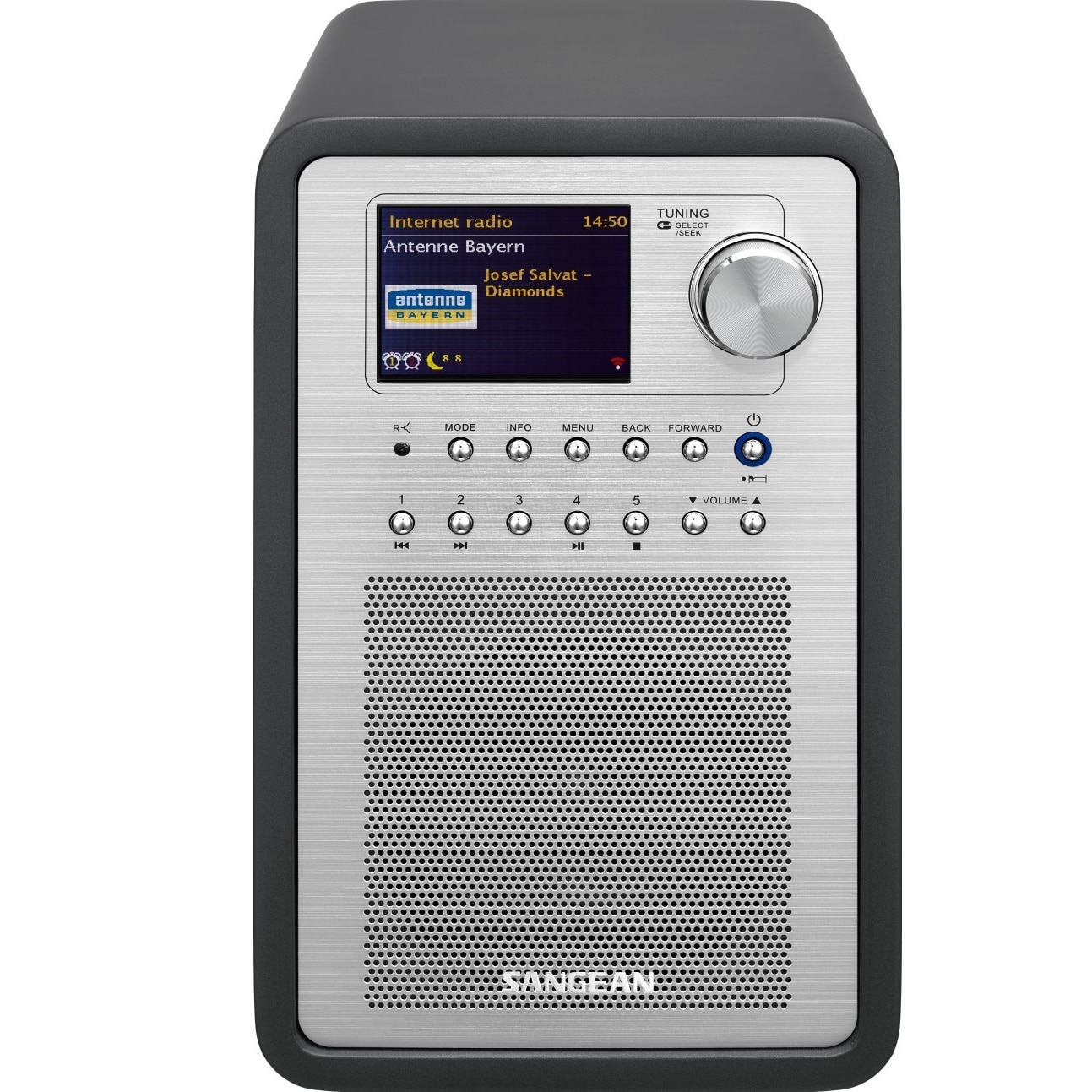 Sistem audio Sangean WFR-70, LCD Display, Internet Radio, DAB+, FM-RDS, USB , Network Music Player, Jack 3.5mm, 5W x 2, 8 ohm, Gri titan + Boxa Sanyo 8W, 4 Ohm
