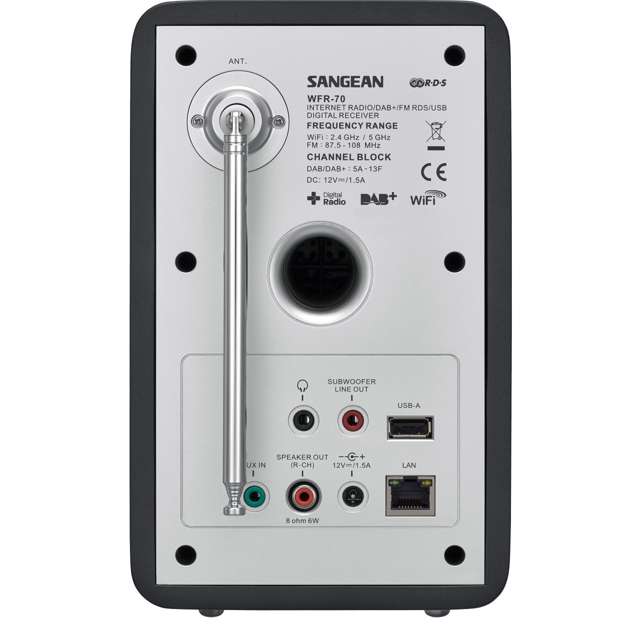 Sistem audio Sangean WFR-70, LCD Display, Internet Radio, DAB+, FM-RDS, USB , Network Music Player, Jack 3.5mm, 5W x 2, 8 ohm, Gri titan + Boxa Sanyo 8W, 4 Ohm - imagine 2