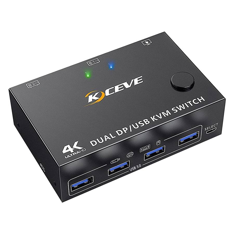 Switch KVM KCEVE KVM202DP, 2 PC, Dual Monitor DisplayPort, USB 3.0, 8K 30 Hz / 4K 144 Hz, Black