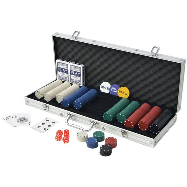 Set Poker 500 Jetoane, 2 Seturi Carti, 5 Zaruri, Jeton Dealer, Valiza de Aluminiu